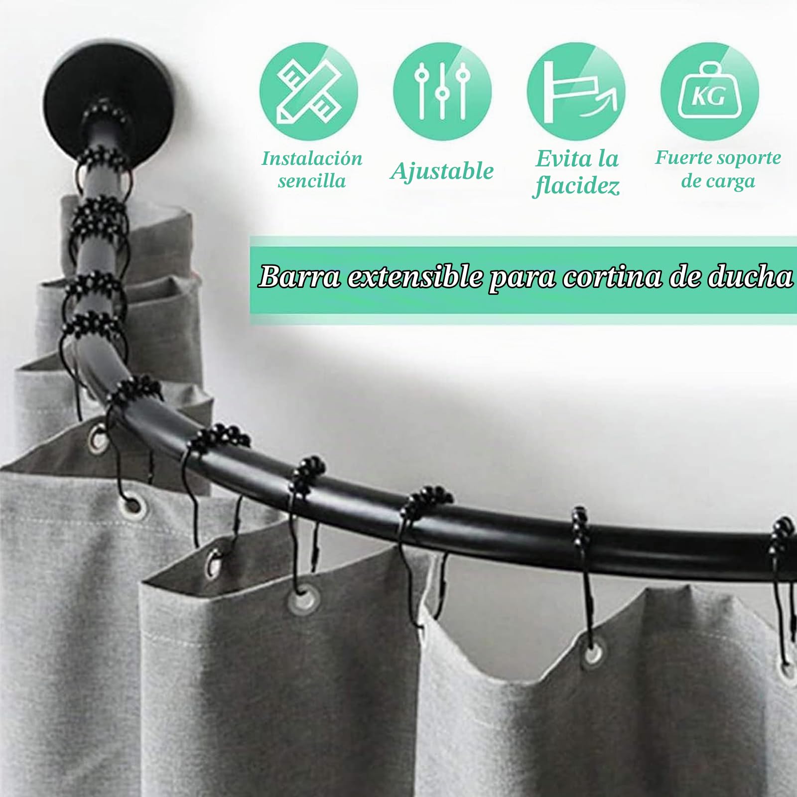 Barra Cortina Ducha Curva y Esquina, Extensible para Baño - Negro, Sin Taladros (90-130cm x 90-130cm)