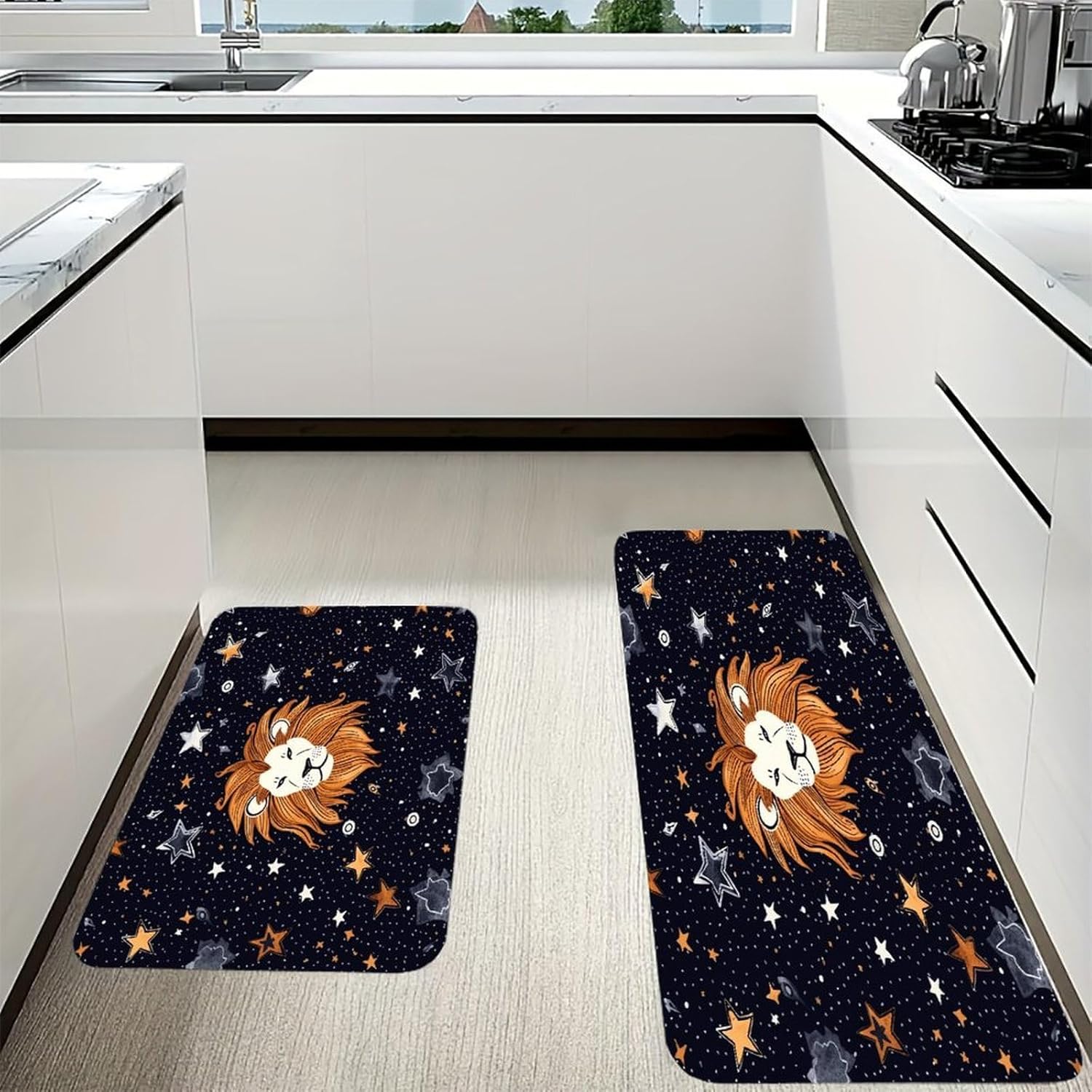Lion and Stars Kitchen Mats with 2PCS Non-Slip Washable,Kitchen Rug Heavy Duty Durable, Floor Mats for Kitchen,Office,Sink,Laundry