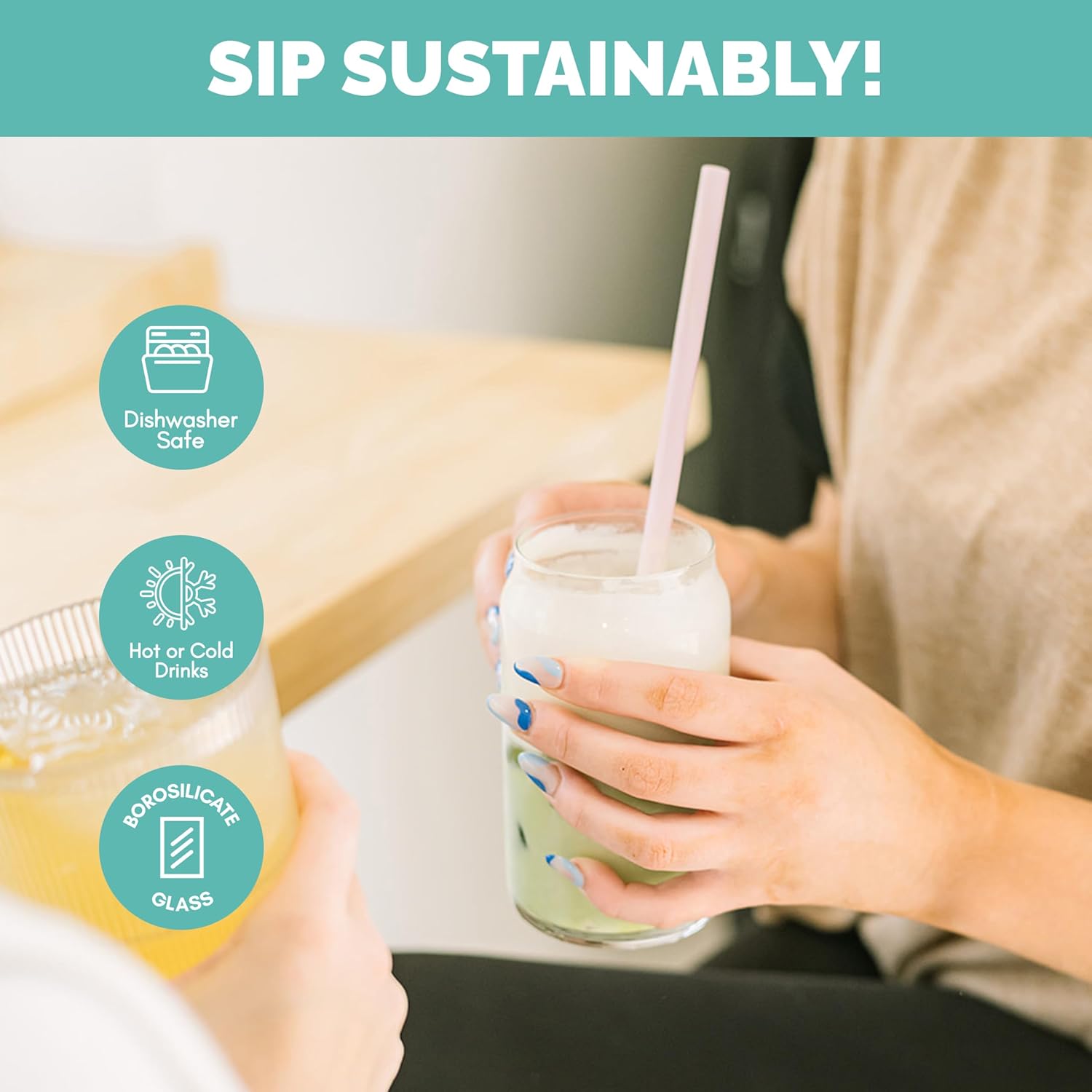 Simply Straws 10 Inch Glass Straws Bent (6-Pack) – Reusable Glass Straws for 24 Oz Mason Jars & Tumblers, with Cleaning Brush – Durable, Dishwasher Safe, Hot & Cold Use, BPA-Free (Air)