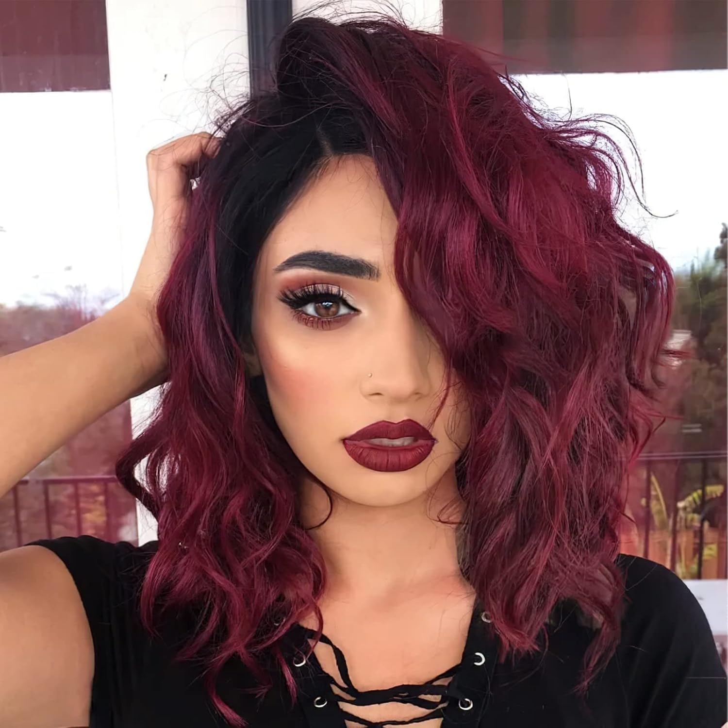 K'ryssma 99j Lace Front Wig Ombre L Part Short Bob Synthteic Wig with Deep Side Parting Burgundy Wigs for Women Wavy Ombre Wig with dark Roots