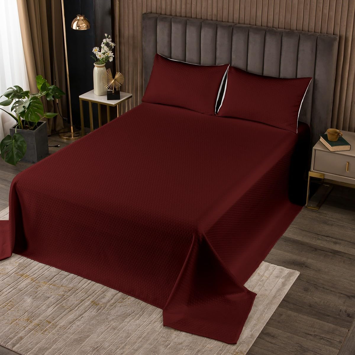 Solid Color Bedspread King,Simple Brown Style Quilted Coverlet 3pcs for Adults Teens Room Decor,Maroon Soft Breathable Bedding Quilt