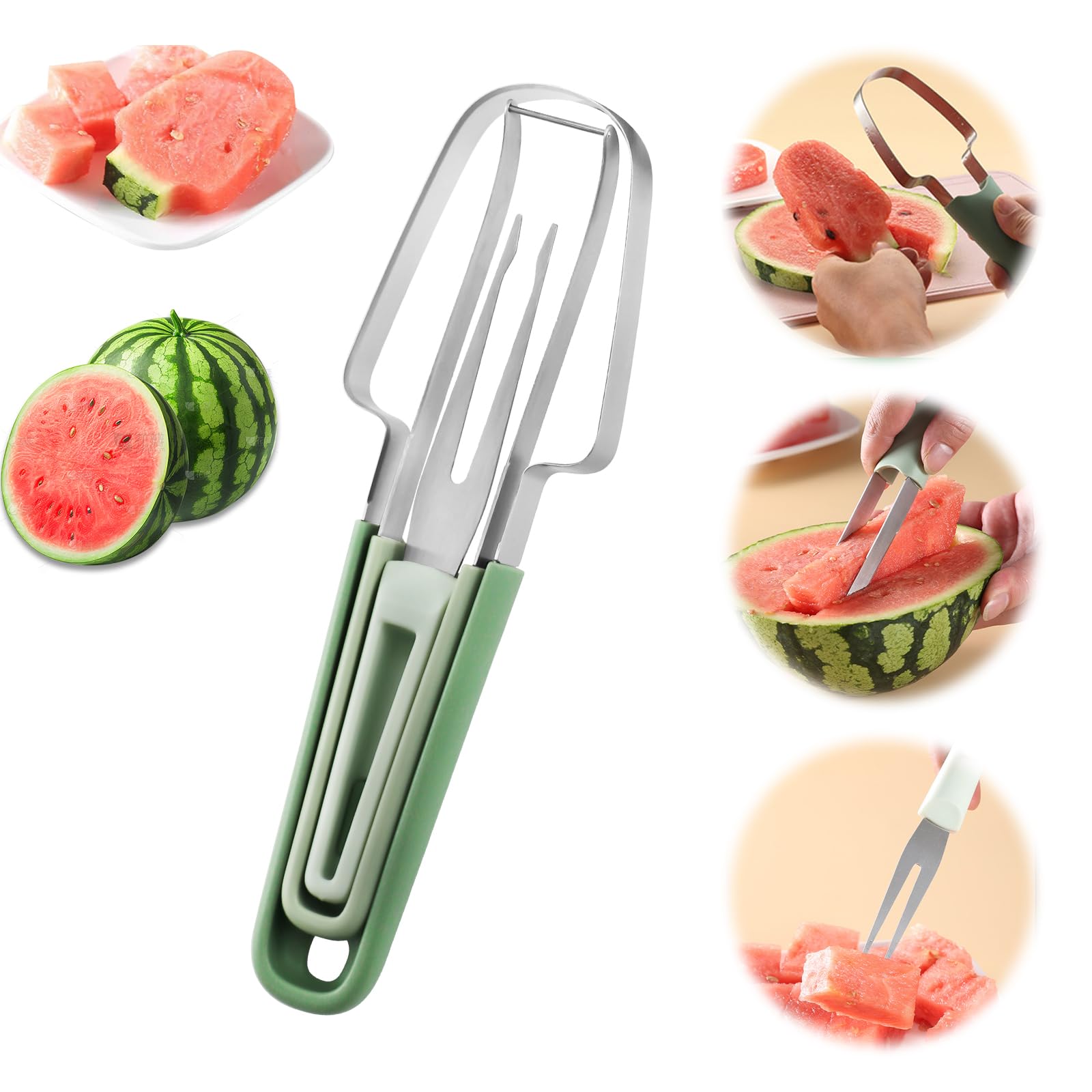 Cortador de Frutas 3 en 1 de Acero Inoxidable, Cortador de Melón Multifunción, 2024 Nuevo Cortador de Melón 3 en 1, Cortador de Sandía de Acero Inoxidable, para Cortar Sandía