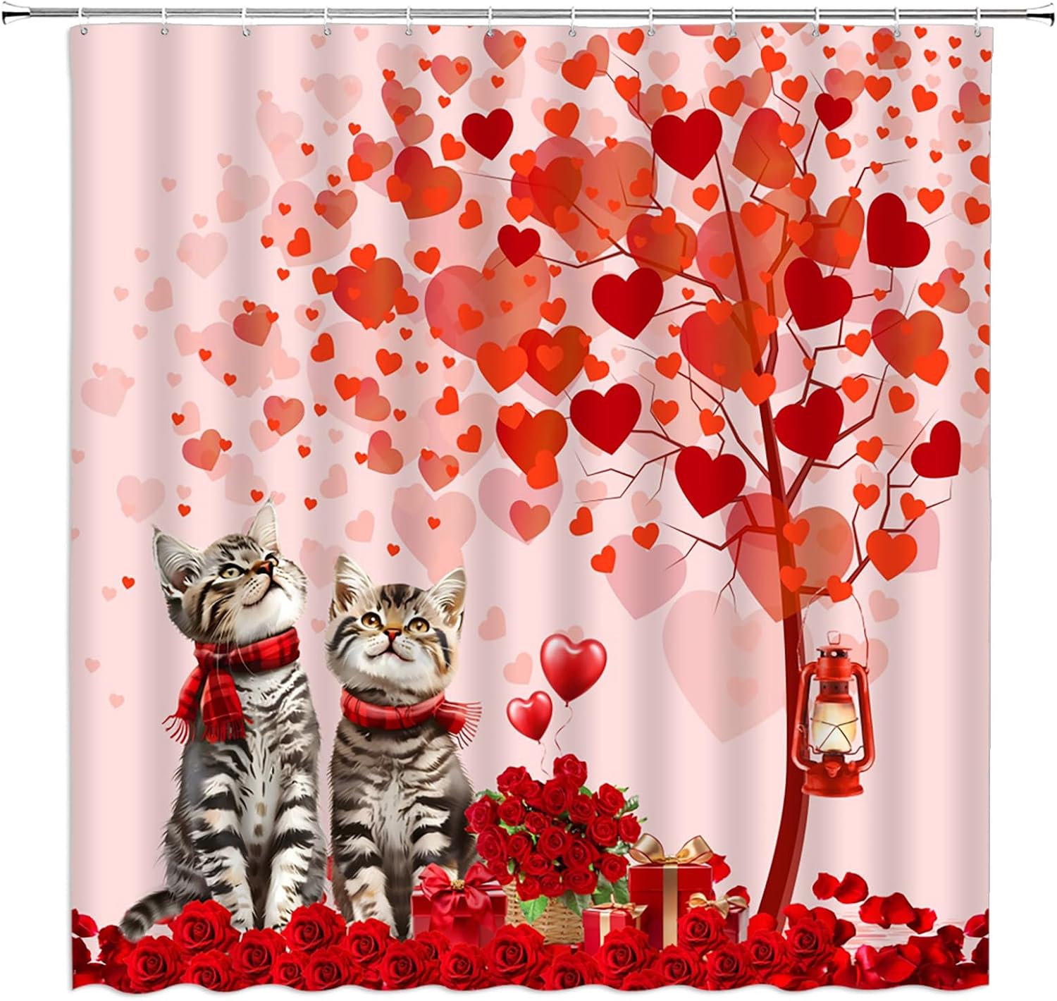 Valentine's Cat Shower Curtain Red Pink Romantic Heart Tree Cute Animal Kitten Rose Flower Funny Lovely Modern Creative 70" WX70 H Bathroom Fabric Curtain with Hooks