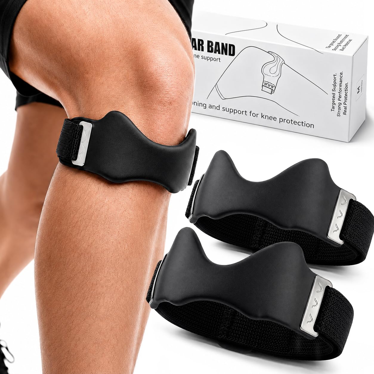 Kouipoie Knee Strap with Silicone Grip Pad, Adjustable Knee Strap for Running, Gym, Hiking and Sports, Breathable Support Strap for Men and Women (2PCS-Black)