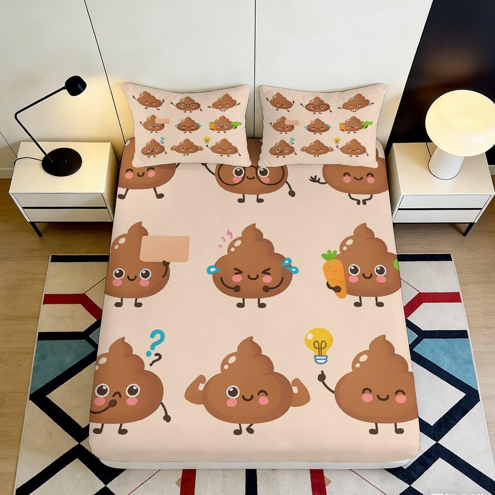 3D Printed Cute Poop Emoji Fitted Sheet Microfiber Soft Breathable Cartoon Mattress Cover for Bedroom Dormitory Guest Room Mattress Protection 120x200x25cm