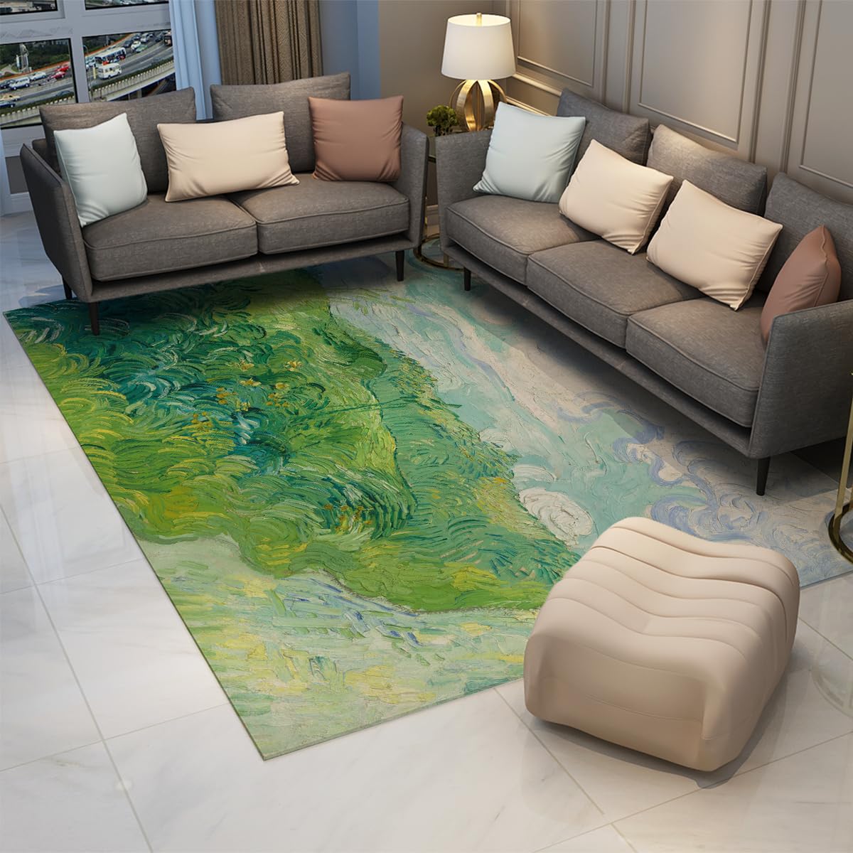 Dywan strefowy 140x200 do salonu dywanik można prać w pralce w dół ze sztucznego wełny niskie włosie sypialnia wejście kuchnia impresjoniści pole pszenicy zielone z cienką gumą