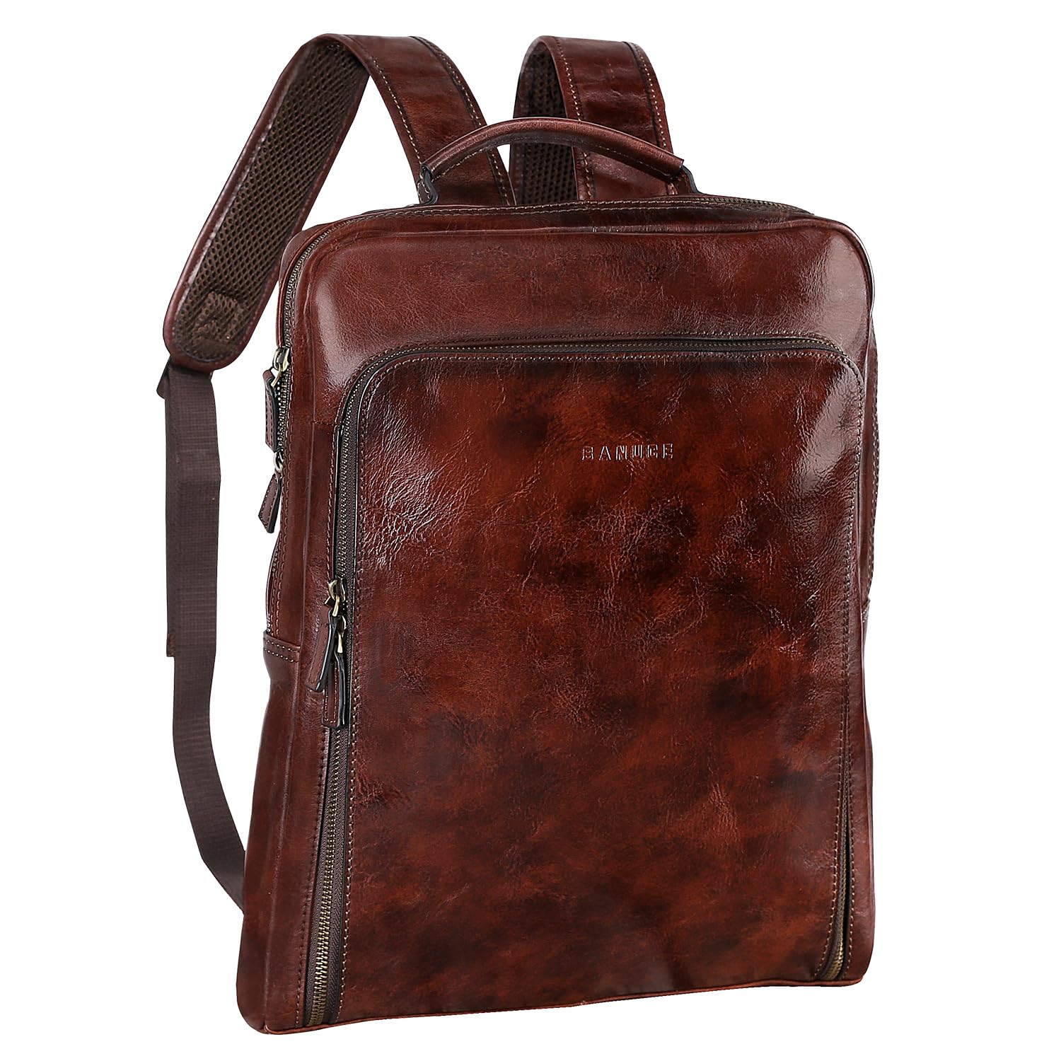 Banuce Full Grain Italian Leather Backpack for Men Laptop Backpack for Business Work Travel with Luggage Strap and Adjustable Strap Vintage Brown