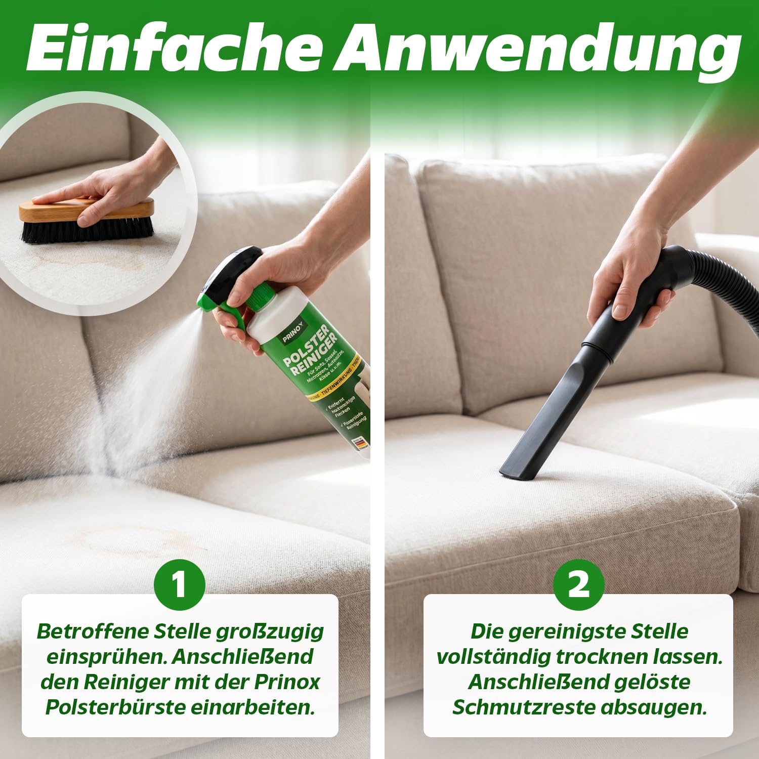 PRINOX Profi Polsterreiniger 550ml für Sofa, Auto, Sessel & Couch inkl. Bürste - Textilreiniger Konzentrat & Autositz Reiniger für alle Polstermöbel - Fleckenentferner Sofa aus Deutschland