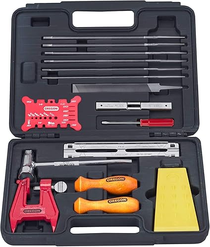 Oregon Kit de afilado de cadena de motosierra con estuche rígido, contiene archivos, asas, medidor de profundidad, tornillo de tocones, cuña de tala