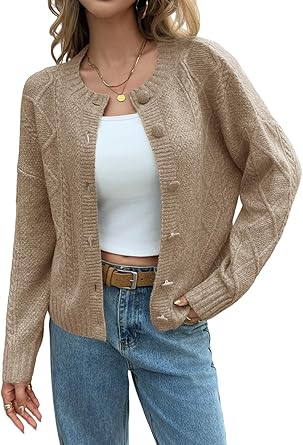 Saodimallsu Womens Cable Knit Cardigan Button Down Crew Neck Long Sleeve Loose Fall Trendy Sweater Coats