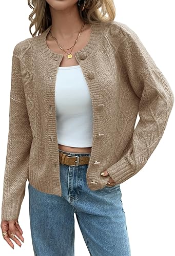 Saodimallsu Womens Cable Knit Cardigan Button Down Crew Neck Long Sleeve Loose Fall Trendy Sweater Coats