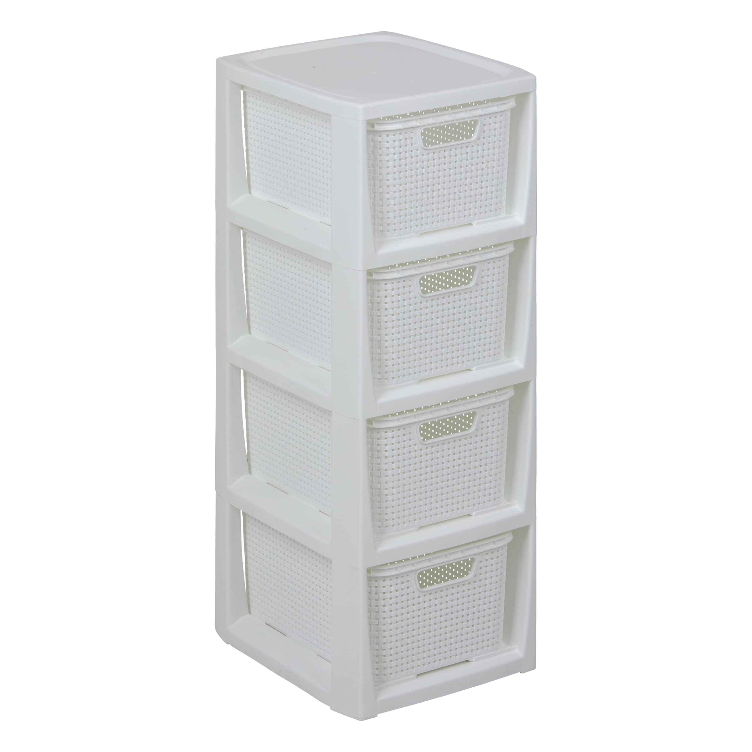 BranQ Home Essential Shelf in Rattan Design, BPA-Free Plastic PP (polypropylene), White, 29.5 x 24 x 64.2 cm, 4 Baskets