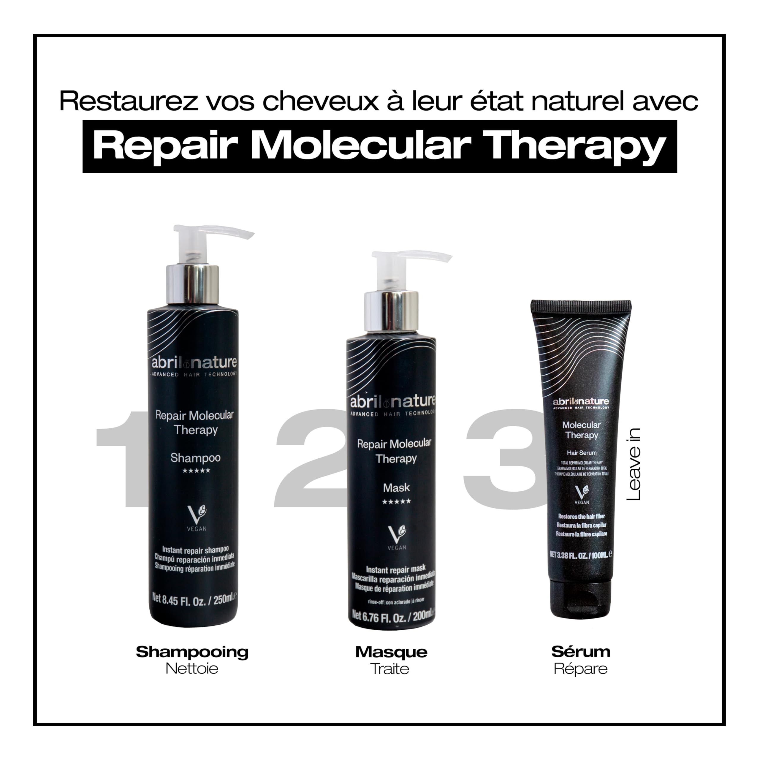 abril et nature - Shampooing Professionnel Molecular Therapy - Pour Cheveux Extrêmement Abîmés, Surtraités ou Vieillissants - Restructure, Répare et Restaure - Cheveux Sains et Résistants - 1000 ml