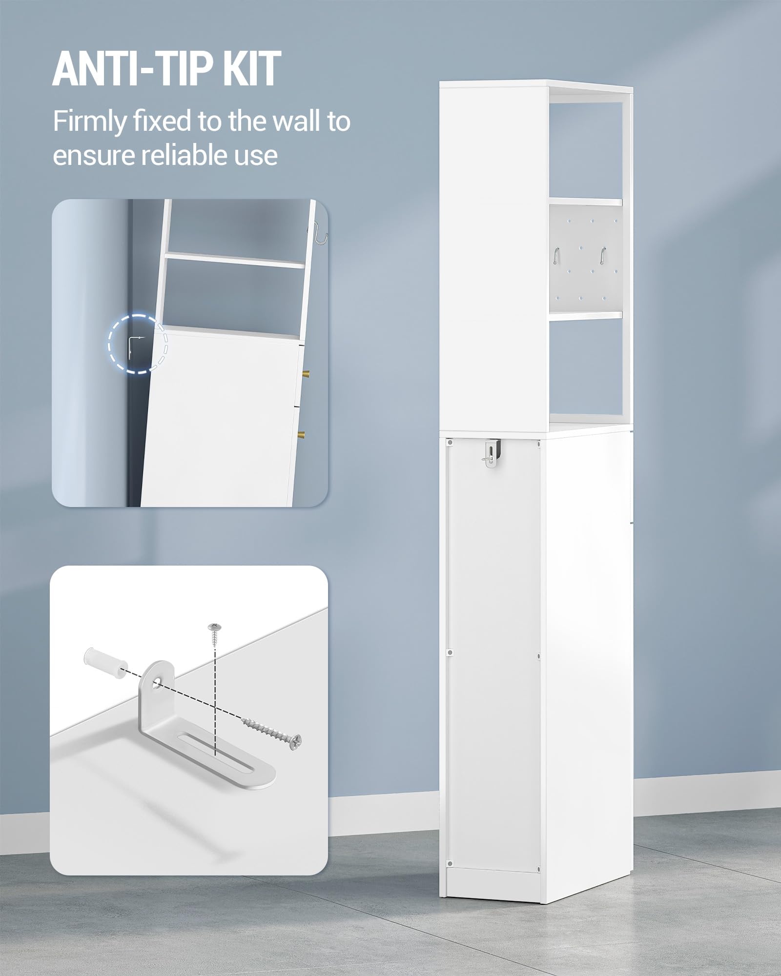 Hzuaneri Meuble de Salle de Bain Haut, Armoire de Rangement Fin, avec 2 Compartiments Ouverts, 2 Tiroirs et roulettes, Meuble de Cuisine, pour Petits Espaces, 40 x 20 x 140 cm Blanc BC32003W