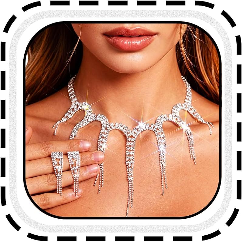 TWINKLEDE Rhinestone Jewelry Sets Silver Necklace and Earring Set for Women | Crystal bridal wedding formal costume bling accessories