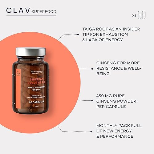 Miniatura 3 de CLAV® Siberian Ginseng - Polvo de raíz de Eleuthero de 900 mg - Suplemento energético - Reducción del cansancio y la fatiga - 60 cápsulas de ginseng