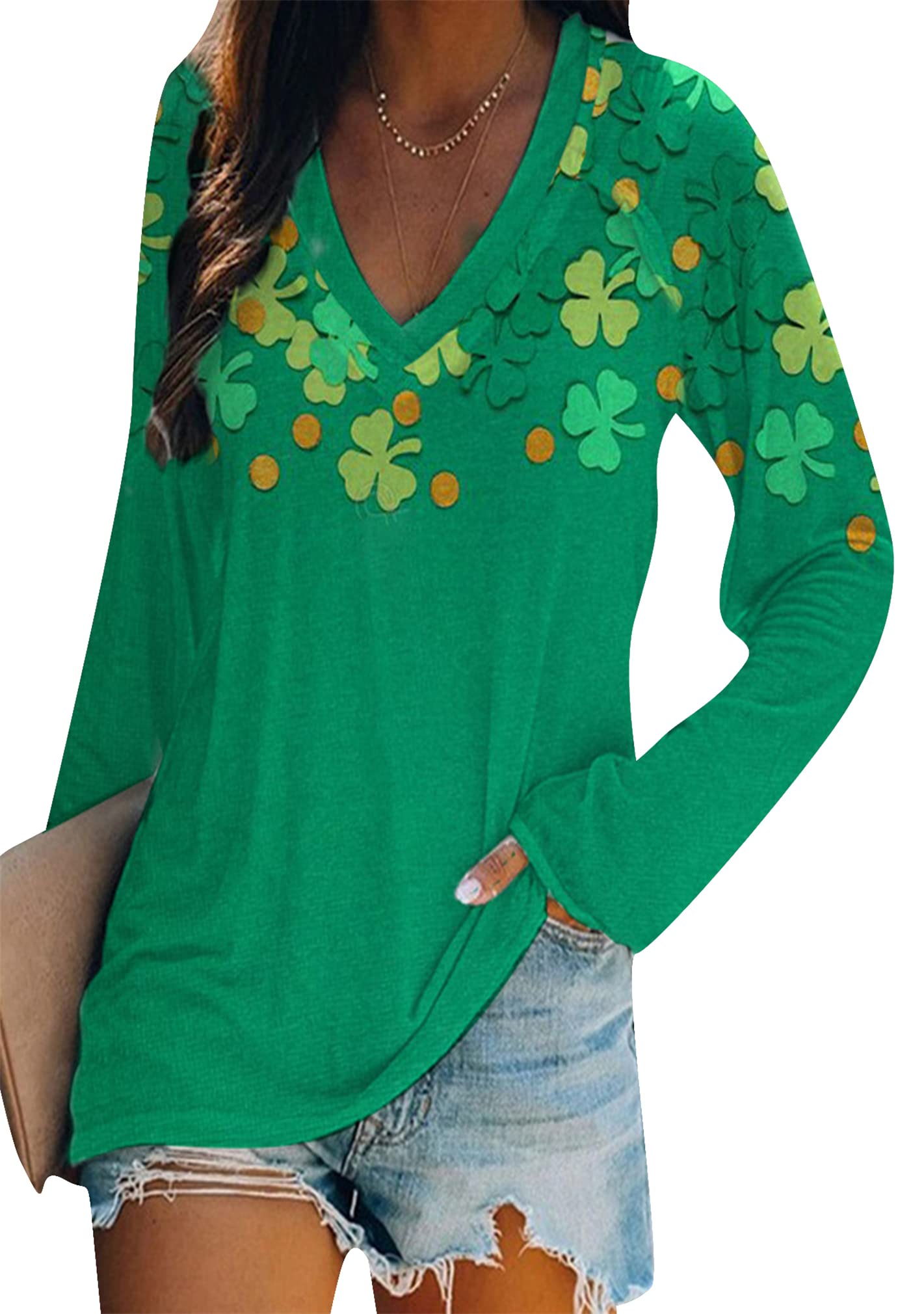 BOFETA Women St Patricks Day Sweatshirts Loose Long Sleeve Shirts Green Shamrock Print Blouse Flowy Color Block Pullover Tops