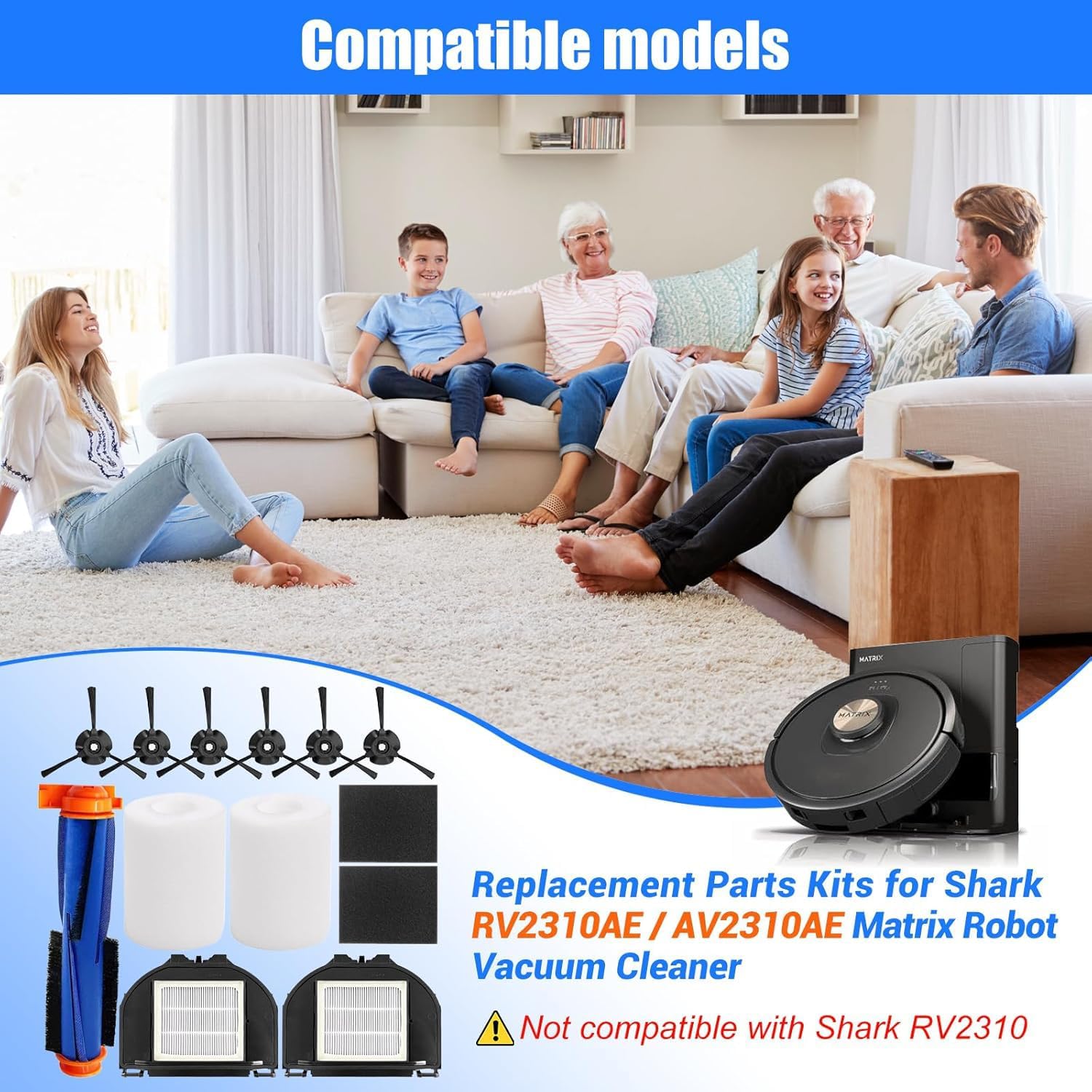 Replacement Parts for Shark RV2310AE/AV2310AE/RV2320S/RV2300S/UR2360S Matrix Robot Vacuum Cleaner,1 Main Brush Roller, 6 Side Brushes, 2 HEPA Filters, 2 Foam Filters(Not for RV2300/RV2310)-13Pack image 2