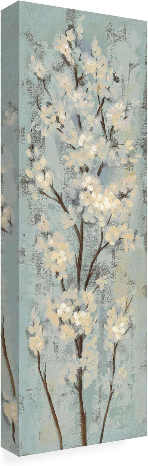 Wrapped Canvas Wall Art - Silvia Vassileva 'Almond Branch I on Light Blue' Wall Art for Living Room, Bedroom, or Office Décor - 8x24