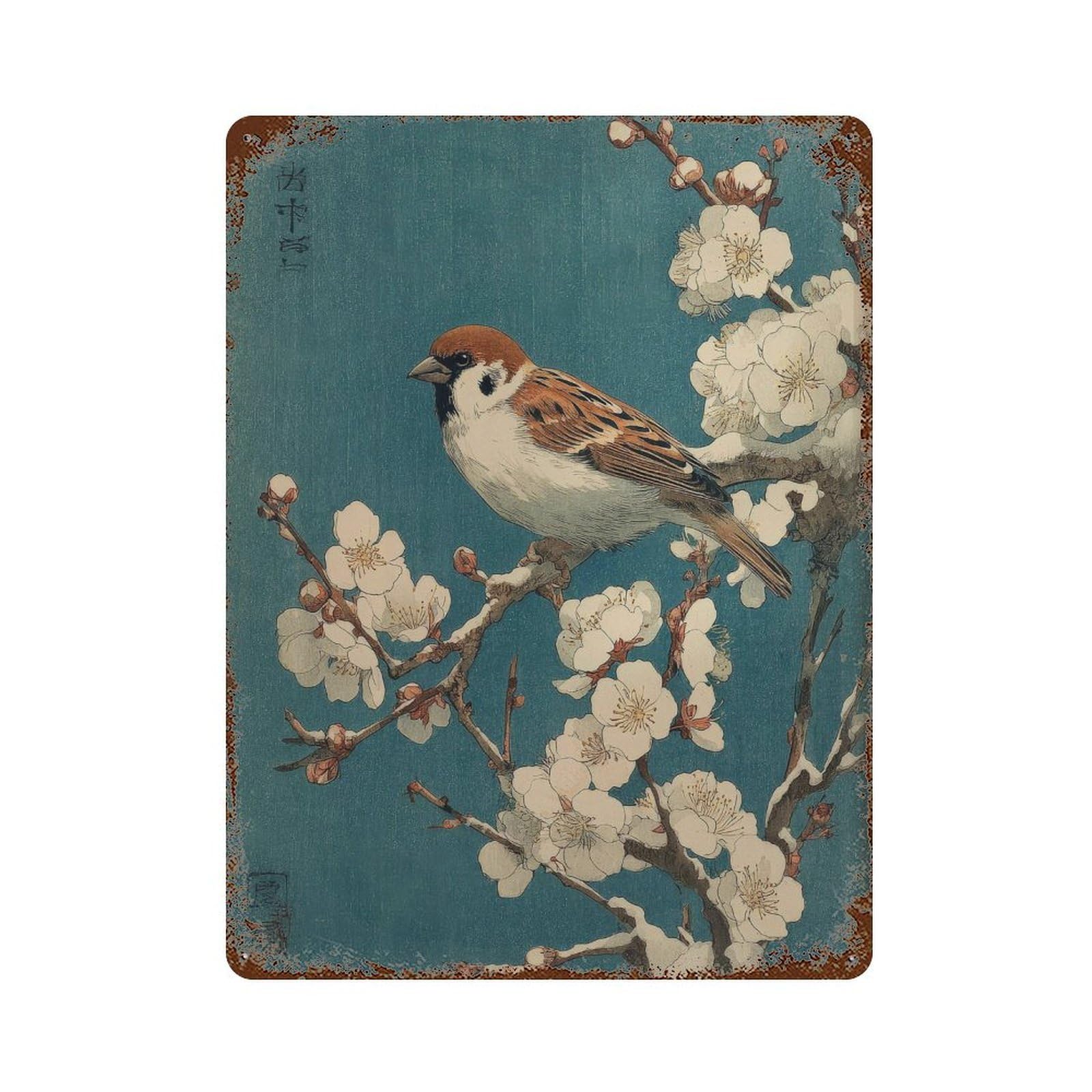 xiaoxiaoshen Sparrow On Cherry Blossom Branch. Traditional Japanese Ukiyo Wall Decor Art Metal Tin Poster Modern Home Decor Art Home Bar Shop Decorations Vintage Sign 40x30cm