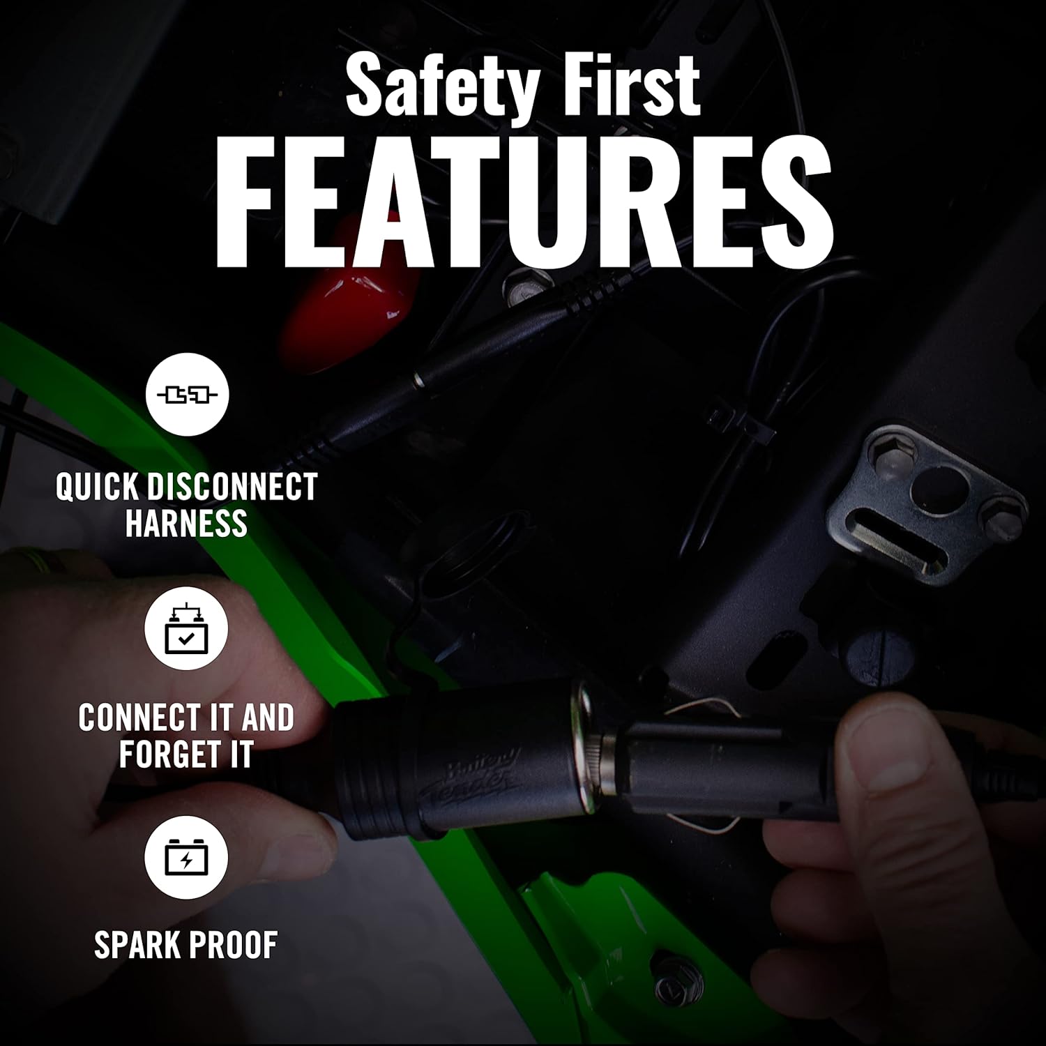 Battery Tender adapter highlighting quick disconnect and spark-proof features
