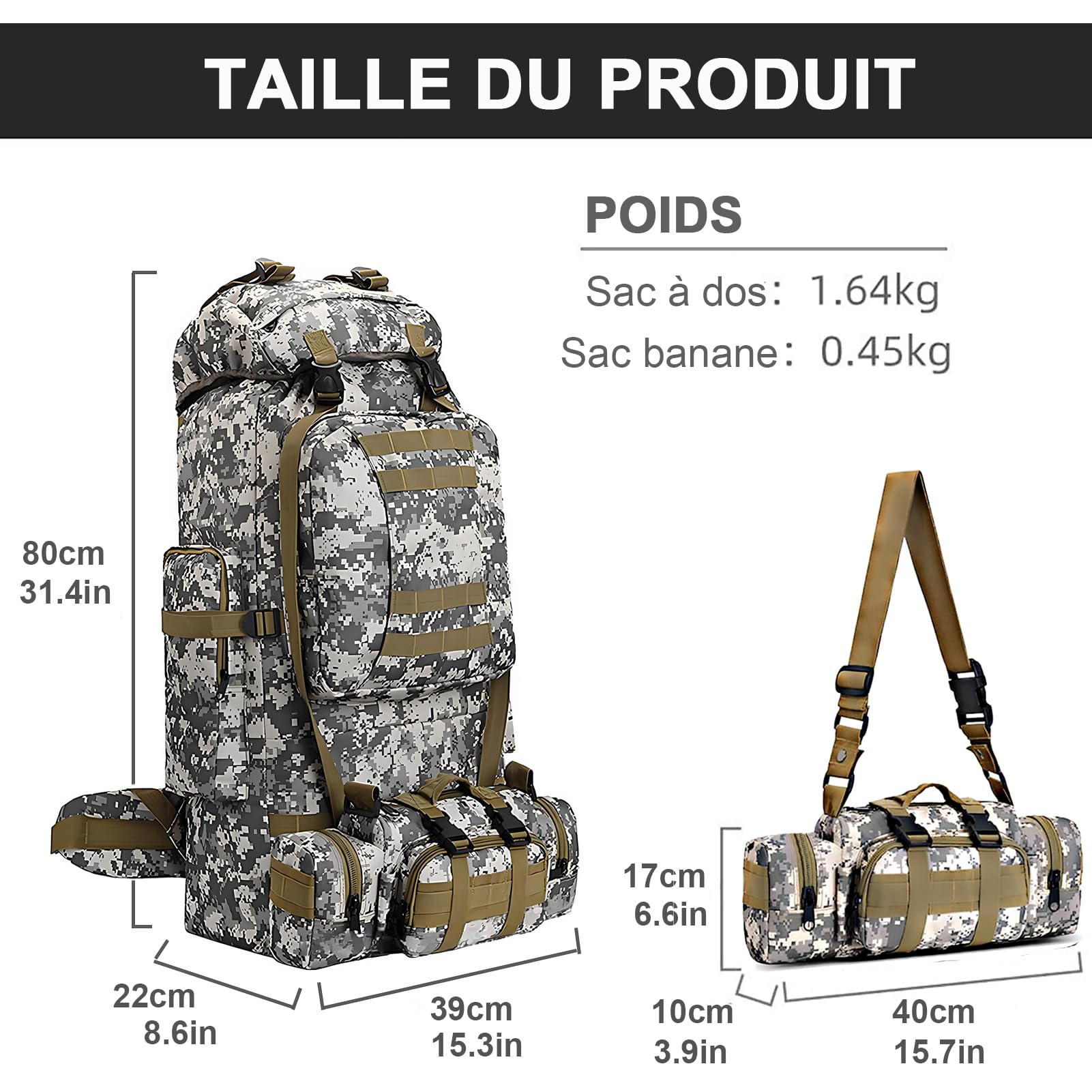 Grand Sac à Dos de Camouflage 2 en 1, 100L Sac à Dos de Randonnée Militaire Tactique Molle Sacs a Dos Etanche Survie Armee Sacs a Dos d'urgence idéal pour Trekking, Camping Voyage, Alpinisme