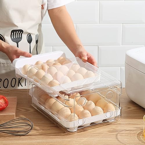 Miniatura 3 de HOMQUEN Soporte para huevos, plástico transparente, bandeja para huevos de 2 capas/40 rejillas y caja de almacenamiento fresca para refrigerador