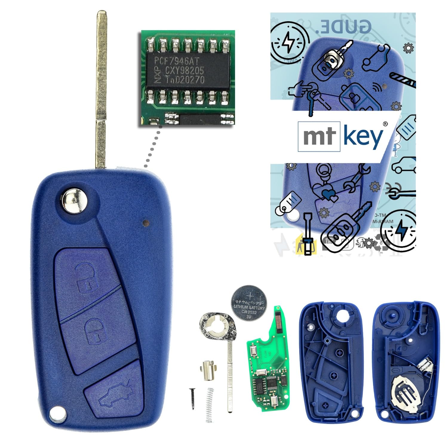 MT-KEY Funk Schlüssel 434MHZ kompatibel mit Citroen Nemo FIAT 500 Bravo Doblo II Ducato III Fiorino Qubo Grande Punto Panda Evo Stilo Opel IV Peugeot