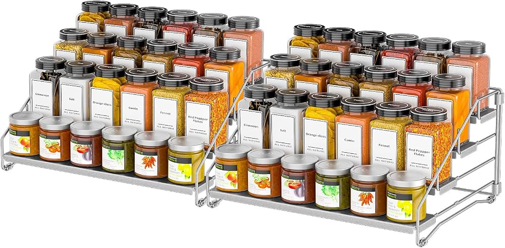 Portaspezie Regolabile A 3 Ripiani Per Cucina – Organizer Salvaspazio In Acciaio, Con Guardrail, Pieghevole, Per Armadietto E Piano Di Lavoro - 2