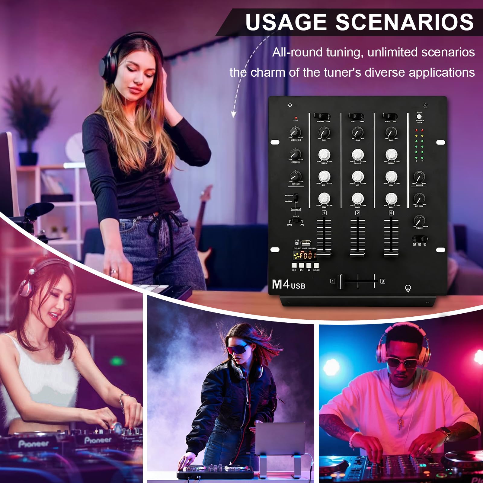 Mesa de Mezclas DJ 3 Canales, Mezclador de Audio DJ con Ecualizador 3 Bandas Control de Ganancia y Monitor de Preescucha Mezclador Estéreo MP3 para Fiestas Clubes y Karaoke
