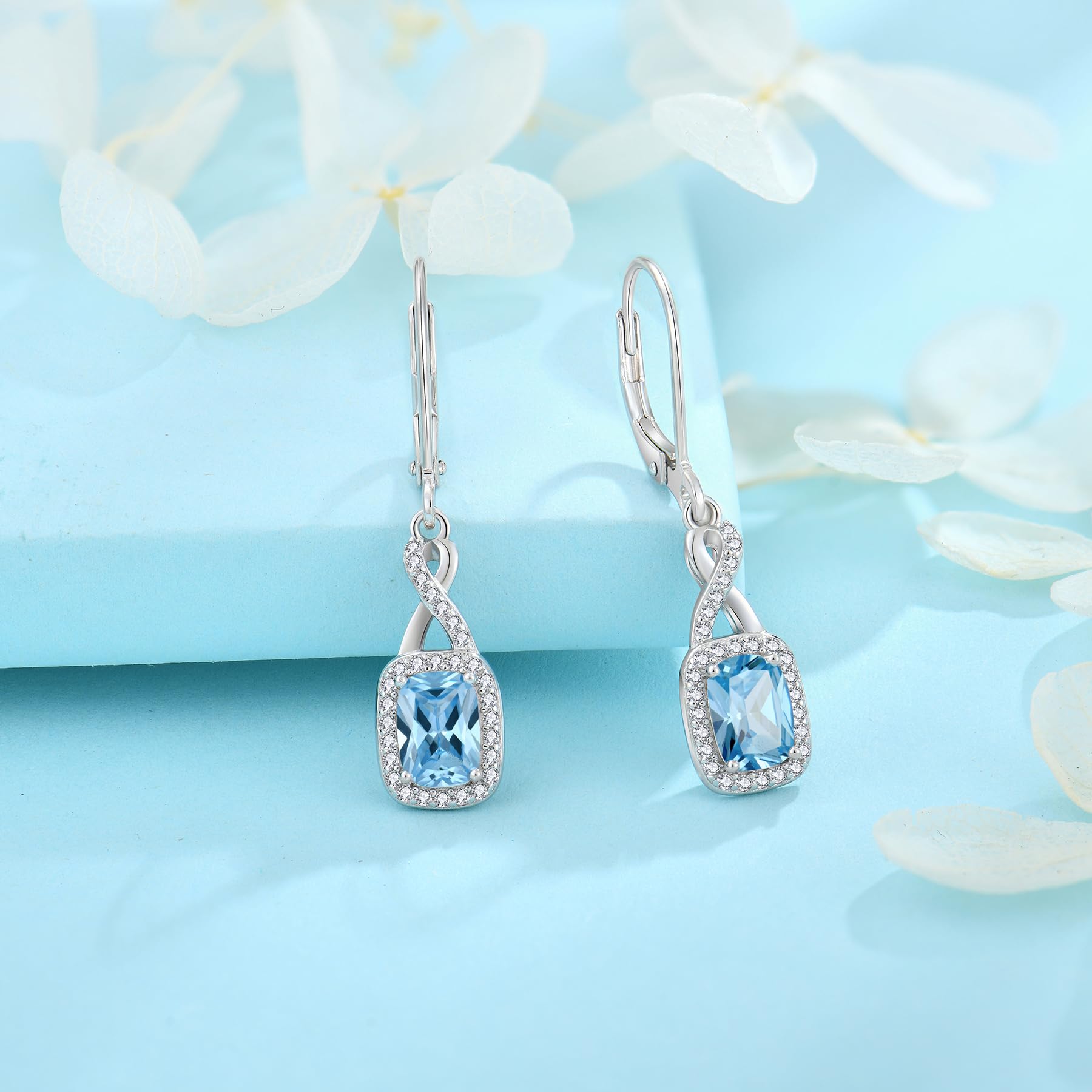 FJ Pendientes Colgantes Infinito Plata de Ley 925 Pendientes Piedra de Nacimiento Corte Princesa Cuadrados Joyas para Mujer