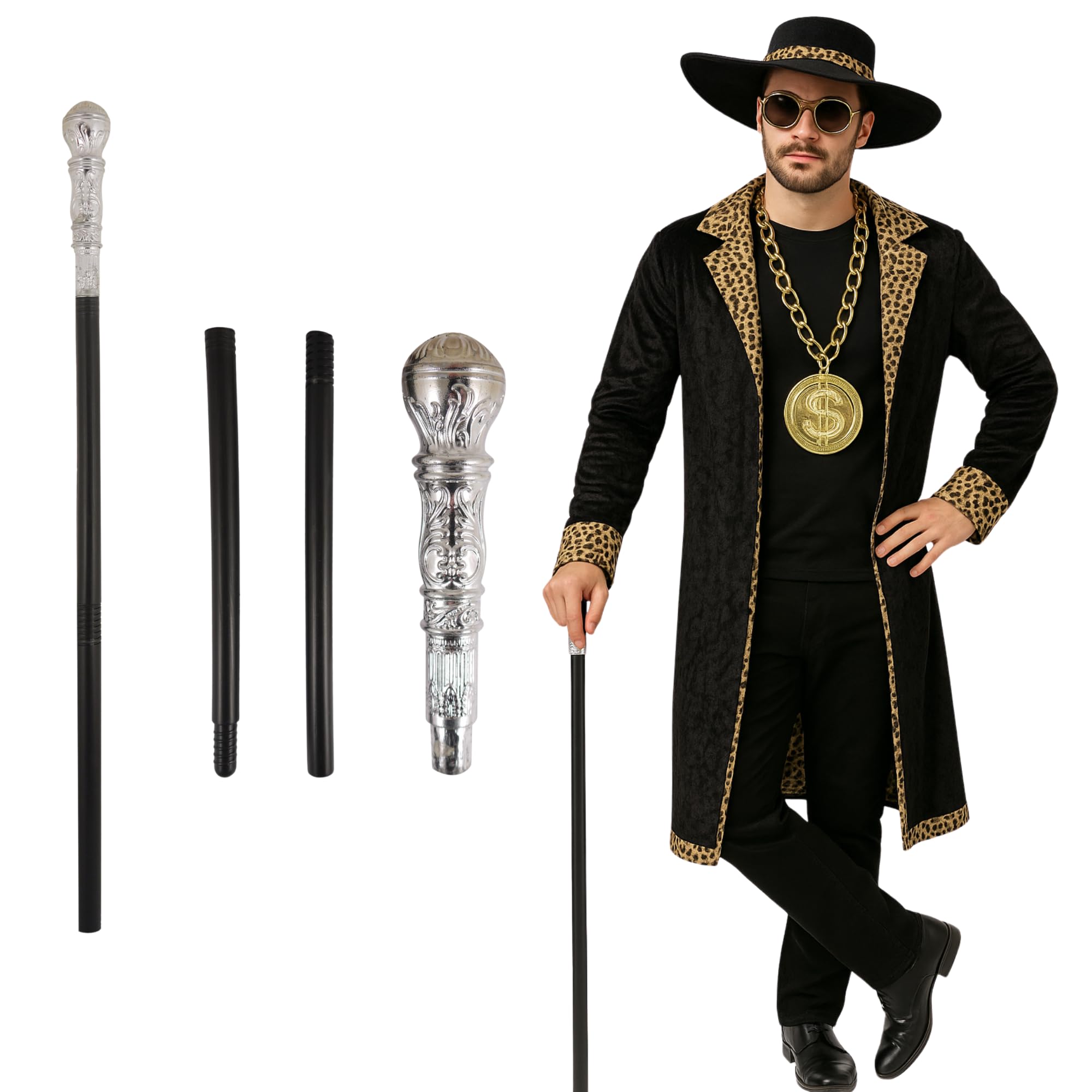 Gold or Silver Top Costume Cane – 85cm Long Fancy Dress Stick, Cosplay Prop for Halloween, Stage Shows, Themed Events, Retro Parties & Performance Outfits