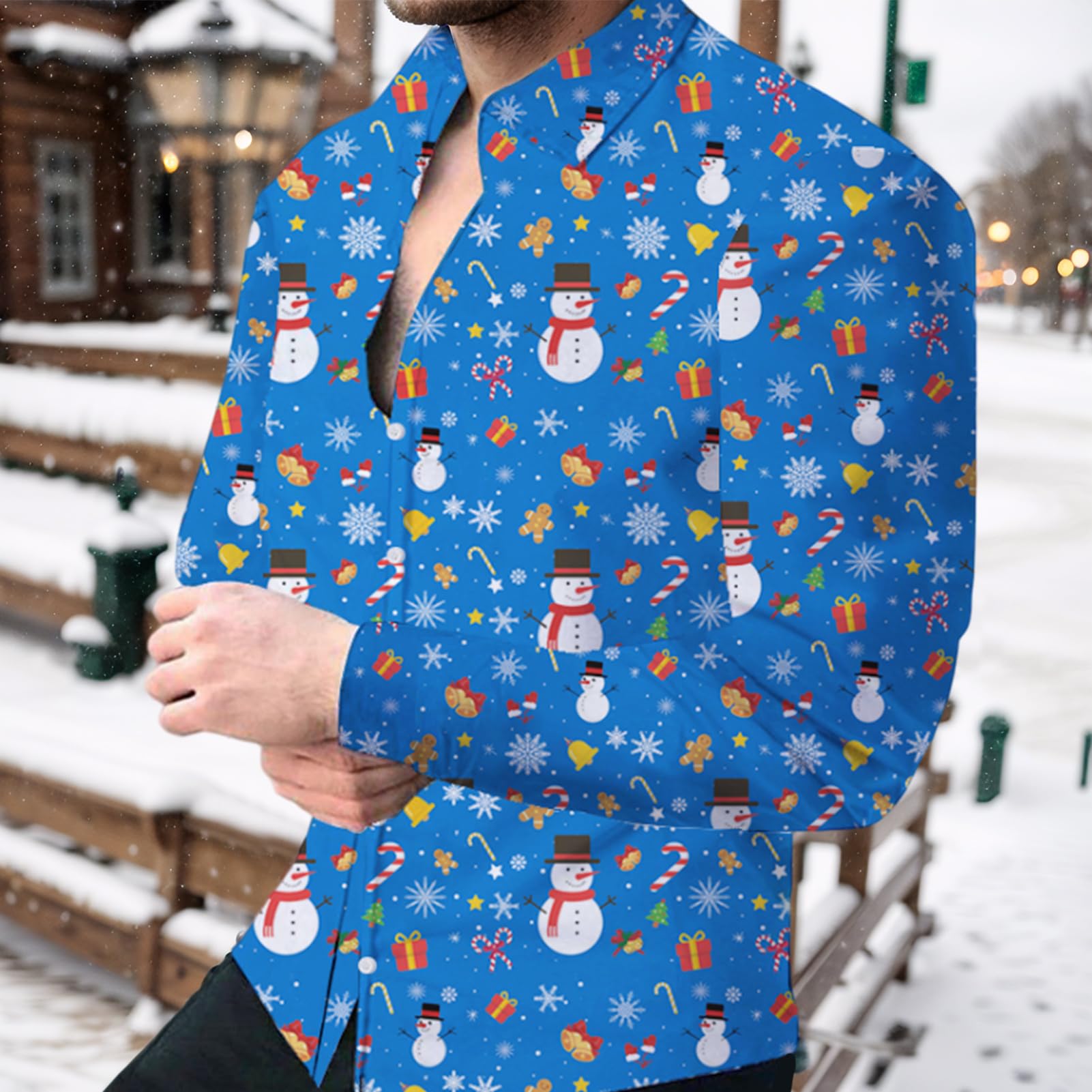 Mens Christmas Shirt 3D Printed Santa Claus Shirts Funny Ugly Long Sleeve Button Down Xmas Shirt Snowman Elf Reindeer Hawaiian Costume Festive Holiday Party(Blue - Image 4