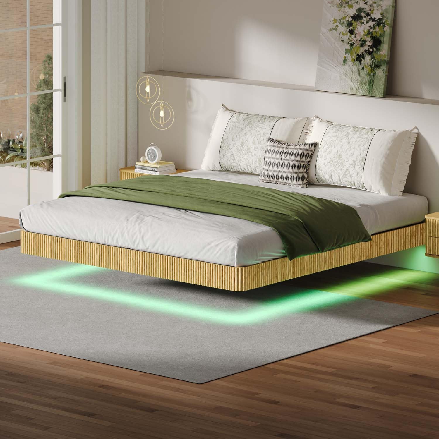 King Size Bed Frame Floating Bed Frame King with LED Lights Oak Wave Curve Wood Texture Beds with