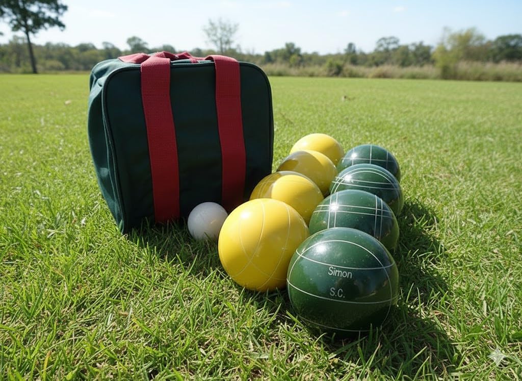 BuyBocceBalls Listing - Made in USA, Premium Quality Engraved Tournament Bocce Set, 998 Grams (2 lbs. 3.2 oz.). Various Bag Colors - 110mm Yellow and Dark Green Balls, Nylon Bag