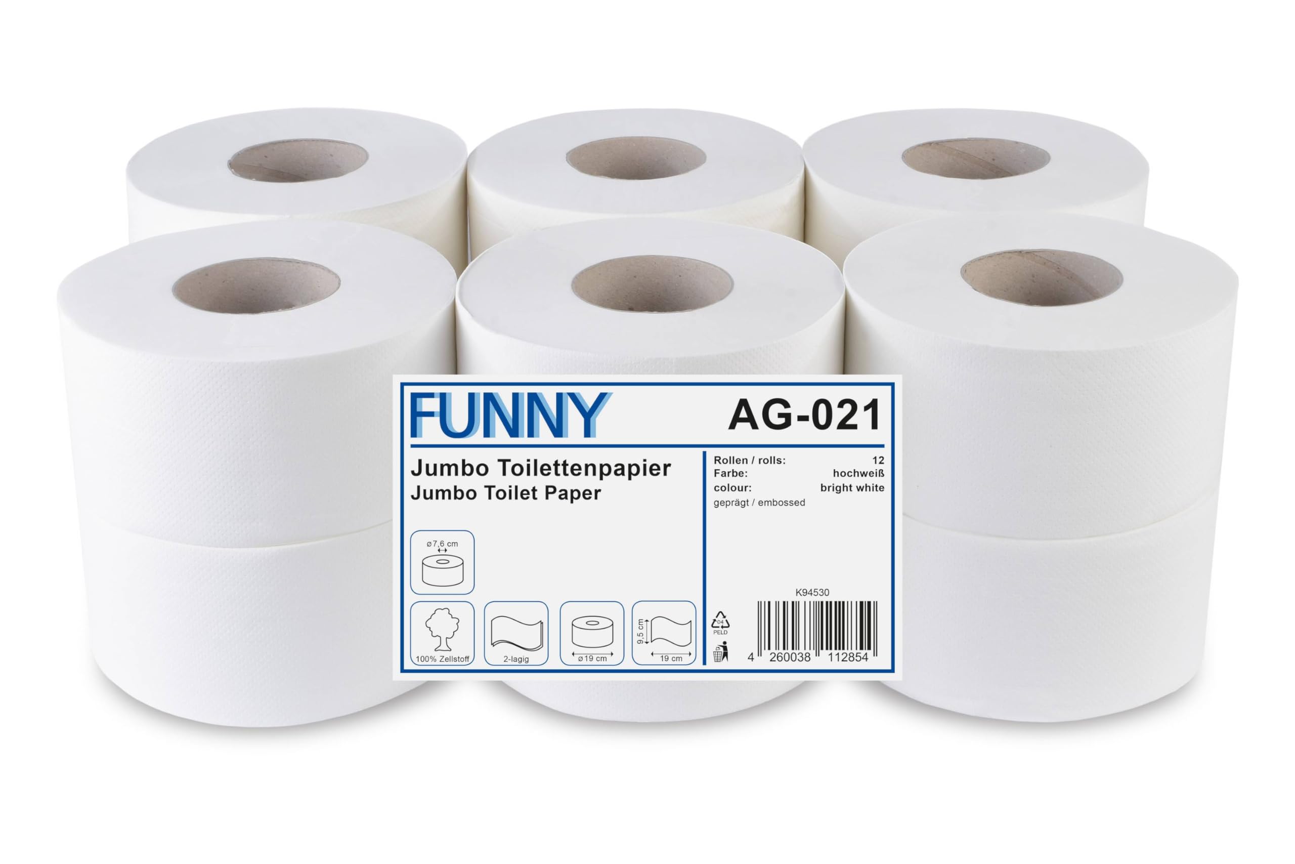 Funny Jumbo, carta igienica a doppio strato, bianco lucido, diametro di circa 18 cm (confezione da 12 rotoli)