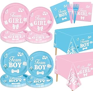 Gender Reveal Decorations - Including Gender Reveal Plates, Napkins, Team Boy Team Girls Tablecloth for Baby Shower He or She Gender Reveal Party Supplies, Serve 20 Guest (Gender Reveal-20 set)