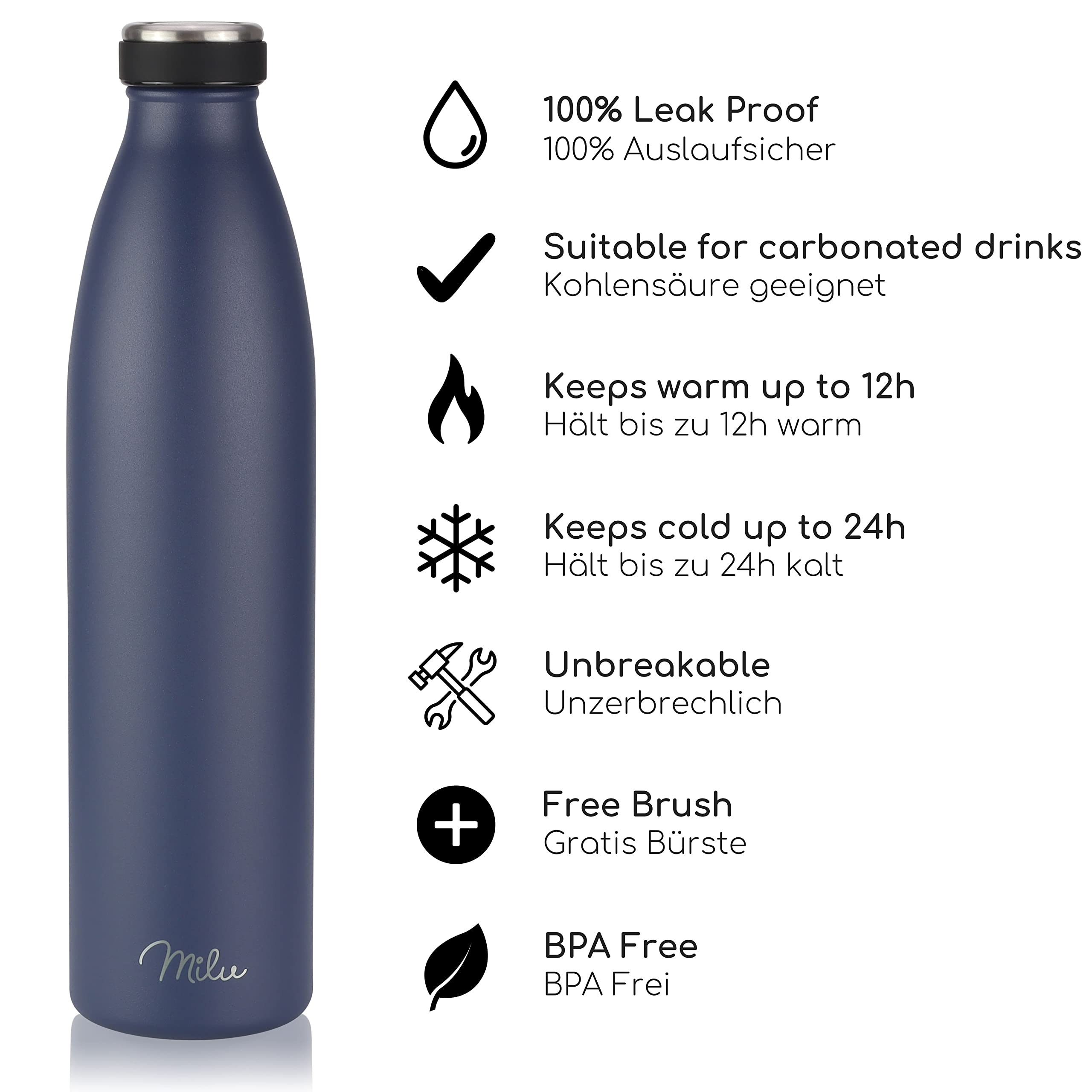 Milu Stainless Steel Drinking Bottle 1500 ml, Insulated Thermo Flask for Water, Leak Proof, Insulated and Double Walled - Image 2