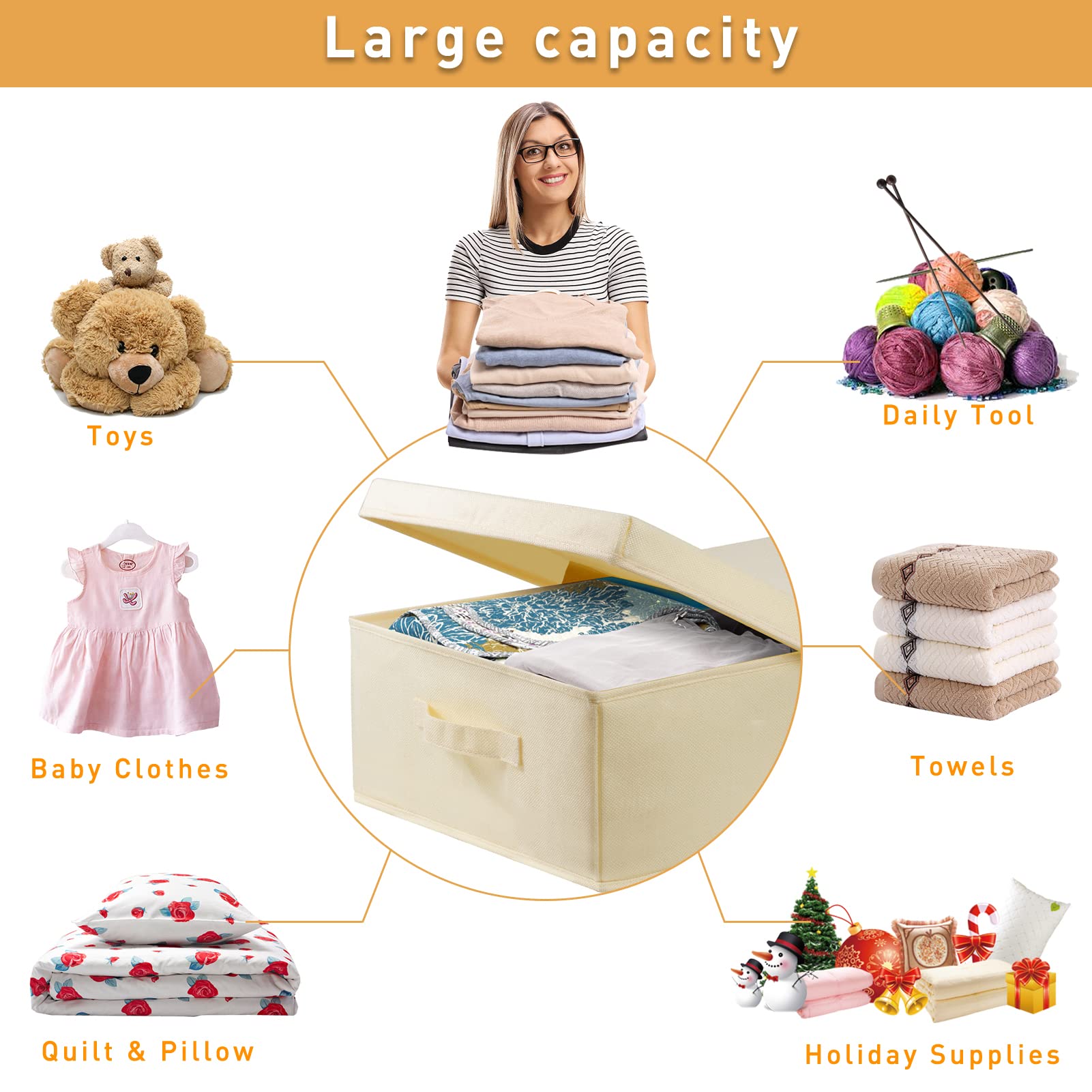 JUPELI Scatola portaoggetti da mettere sotto il letto, con coperchi, pieghevole, con maniglia, per riporre vestiti, coperte, scarpe, 2 pezzi (beige)