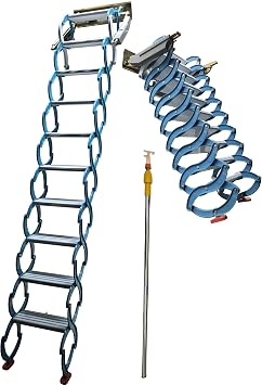 Narrow Wall Mounted Loft Wall Stairs Blue Pull Down Ladder System 10 Steps Al-Mg Folding Attic Extension Ladder 8.2 FT Height Telescopic Fold Stair with 2 Spare Steps 5.51x21.26 in