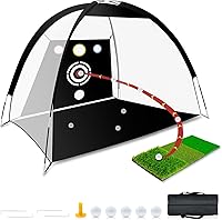 Dikutar 10x7ft Golf Practice Net with Tri-Turf Mat, 5 Real Balls & Bag - Durable Portable Hitting Net for Backyard Driving