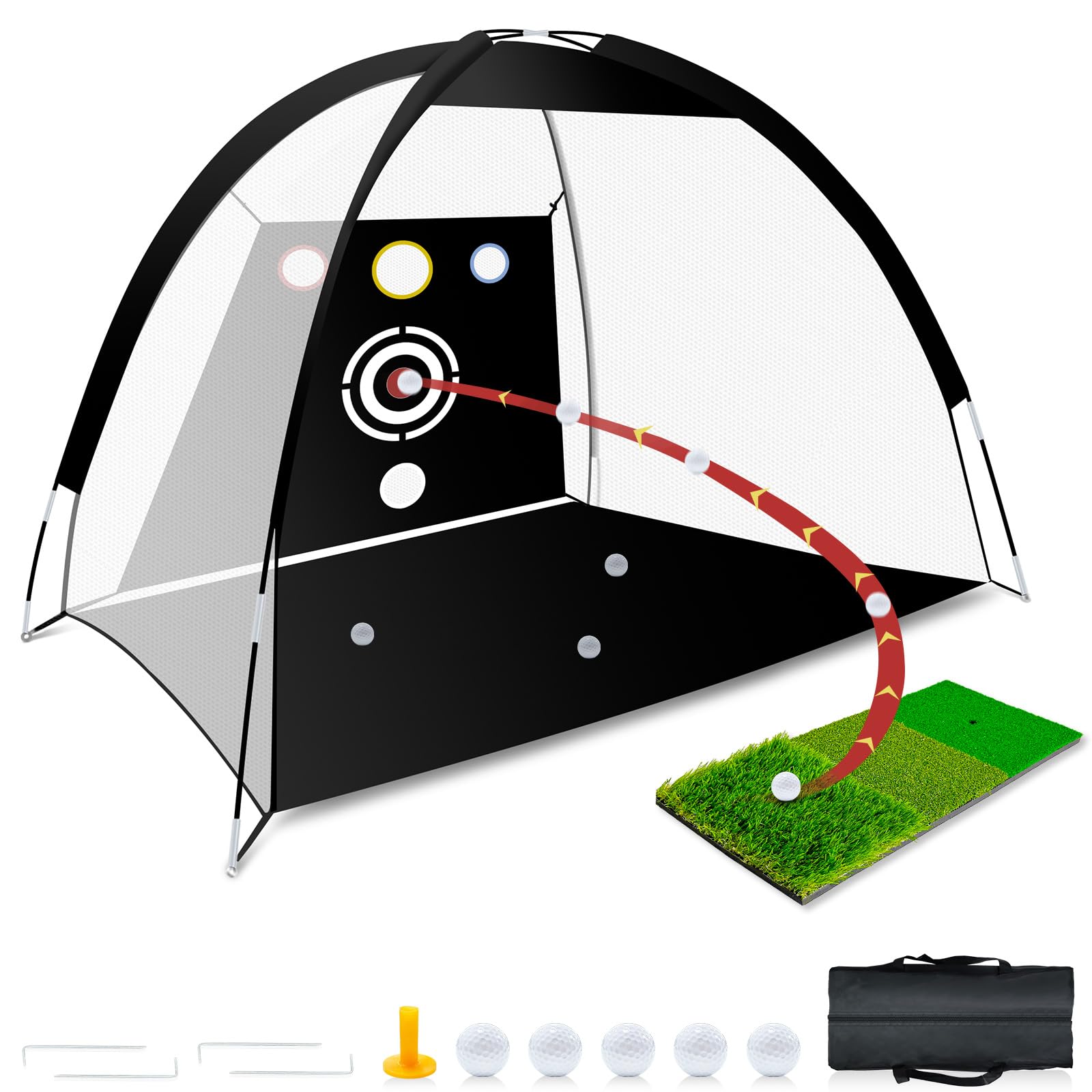 Golf Net - Upgraded All-in-One 10x7ft Golf Practice Net with 5 Real Balls, Tri-Turf Mat and Portable Storage Bag, Durable Hitting Nets for Backyard Driving Outdoor - Gifts for Golfing Lovers
