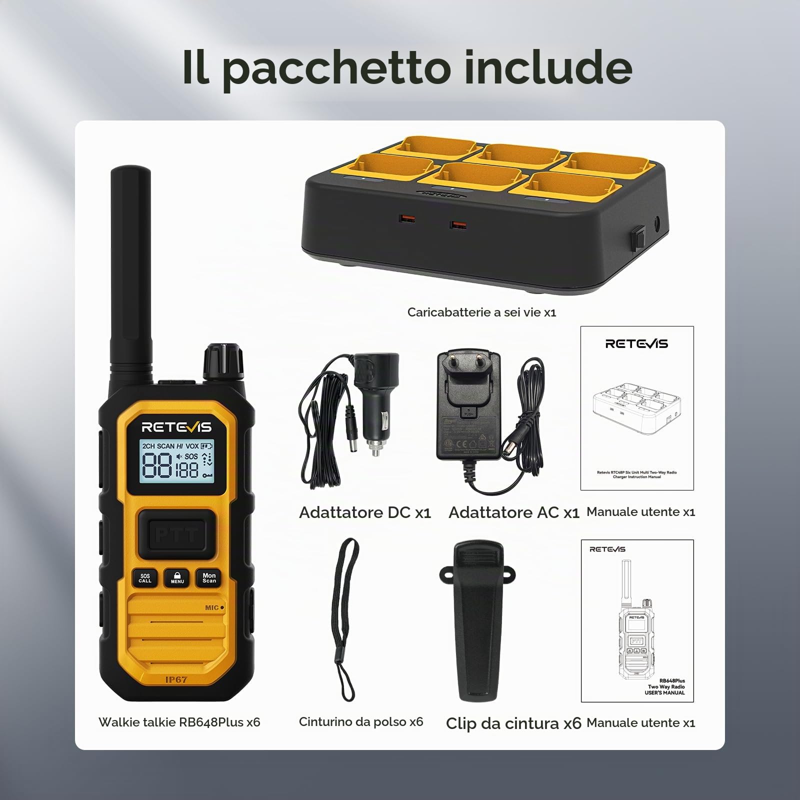 Retevis RB648Plus Walkie-Talkie, IP67 Impermeabile Radio Bidirezionale | VOX, Chiamata di Gruppo, 2000mAh, Walkie Talkie a Lunga Distanza con Caricatore a 6 Vie per Cantiere(6 Pz, Giallo)