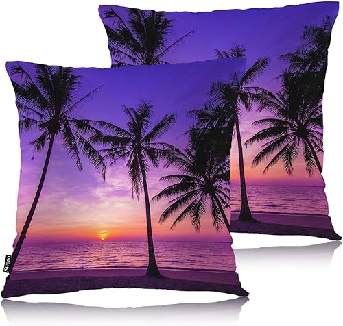 Swono Fundas de almohada decorativas de playa tropical para sofá, puesta de sol, océano, playa, palmeras, para hombres y mujeres, paquete de 2