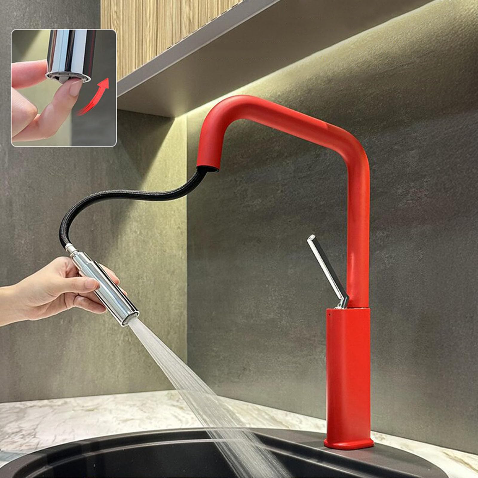 Grifo Cocina Monomando Caño Alto Extraíble Rotación de 360° Grifos para Fregadero de Cocina 2 Modos,rojo