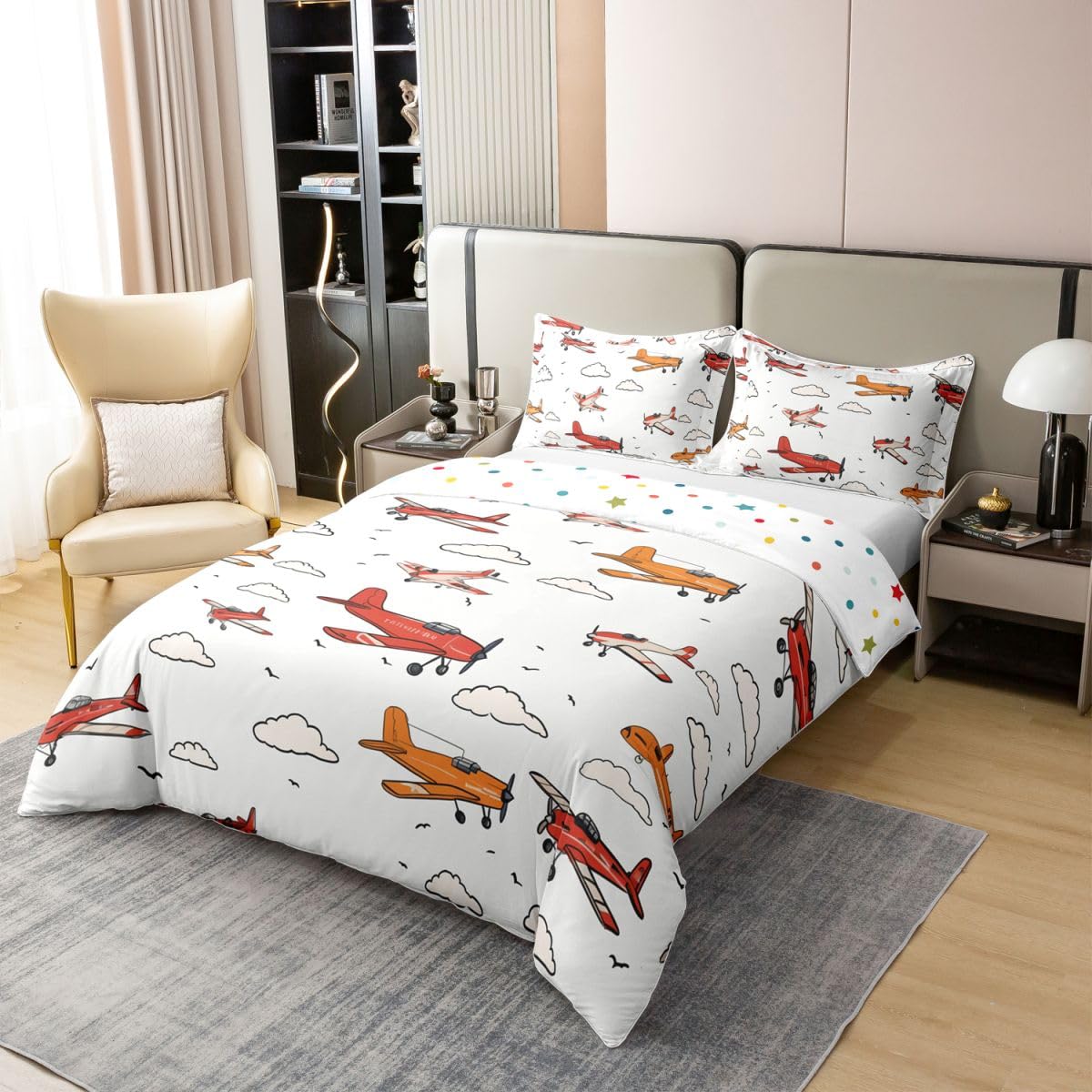 Homewish Kreskówka samolot dzieci zestawy pościeli king czerwony pomarańczowy samolot nadruk bawełna poszewka na kołdrę samolot chmury poszewka na kołdrę dla nastolatków chłopców dziewcząt, samolot