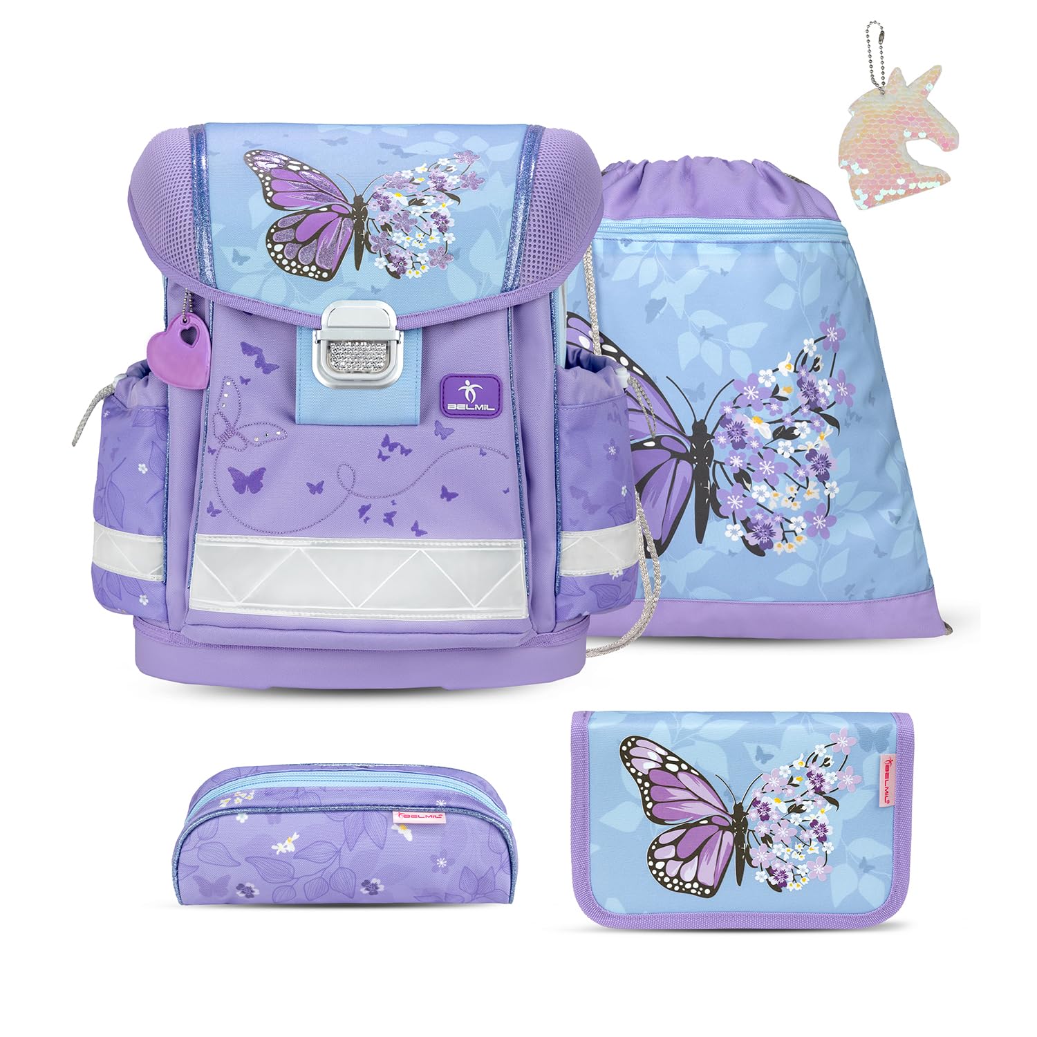 Belmil Classy Schulranzen Set 5 teilig mit extra Schlüsselanhänger (Purple Blue Butterfly)