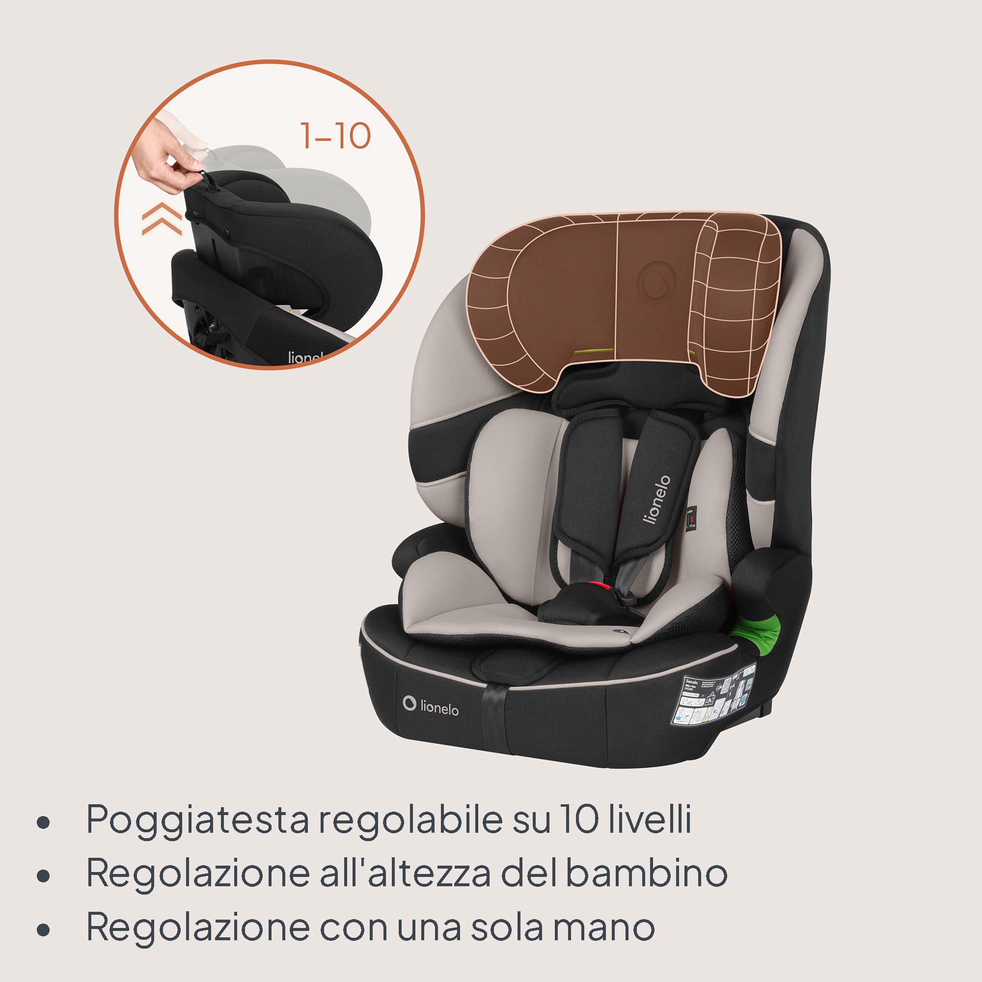 LIONELO Seggiolino Auto BILLY i-Size per Bambini 76–150 cm (15 mesi–12 anni) Installazione ISOFIX o cintura, Poggiatesta 10 Liveli, Protezione laterale, TopTether, Cinture a 5 punti, Ultima Norma R129