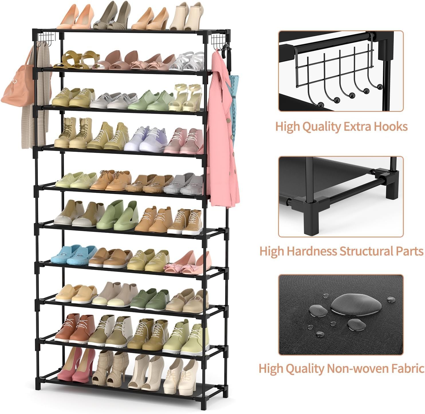 Vicye Étagère à Chaussures à 10 Niveaux, Rangement Chaussure Haut pour 50 Paires de Chaussures, Meuble Chaussure Métal Shoe Rack, Porte Chaussures pour Entrée, Chambre, Couloir, 86 x 25 x 155 cm, Noir