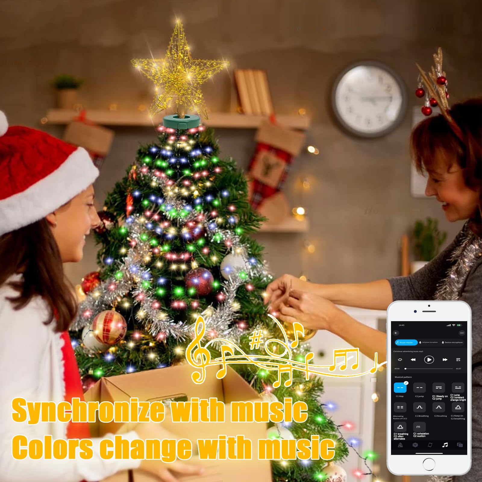 Luces inteligentes para árbol de Navidad con anillo, control de aplicación, sincronización de música, 6.56 pies x 16 líneas, cadena de 400 LED para interiores y exteriores con escenarios de bricolaje